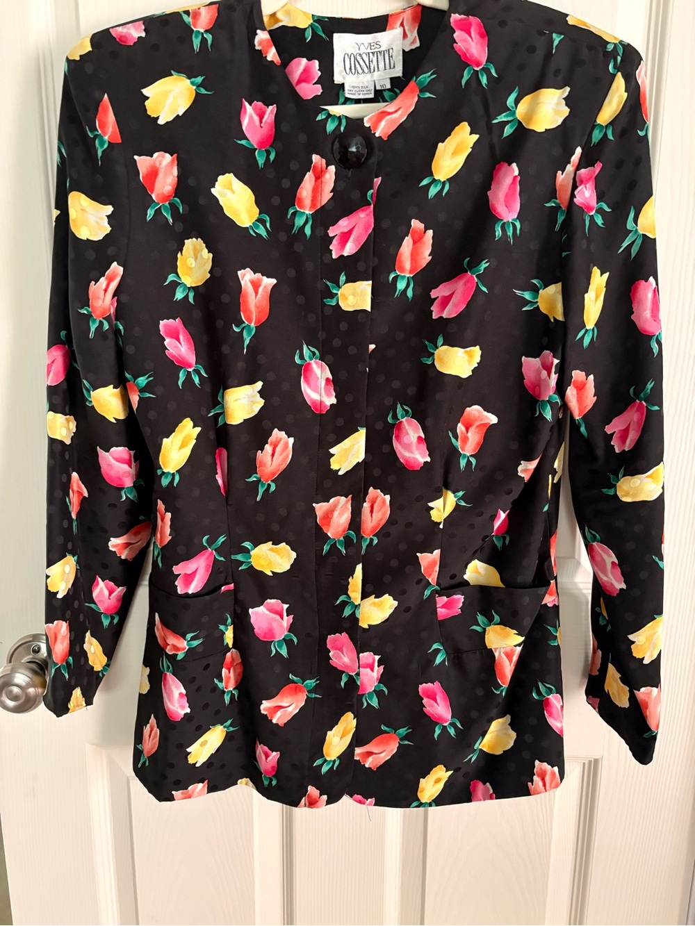 Vintage 100% Black Floral Women's Jacket Pink & Yellow Tulip Print Made in Korea